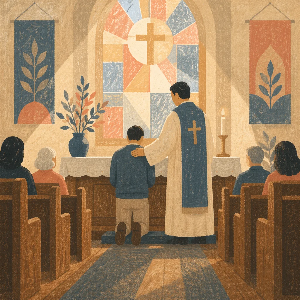 Pastor Praying With Church Member at Altar