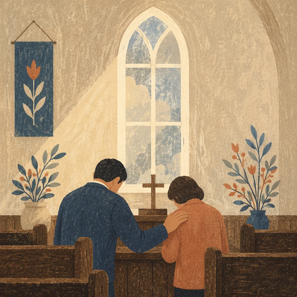 Pastor and Church Member Praying at Altar
