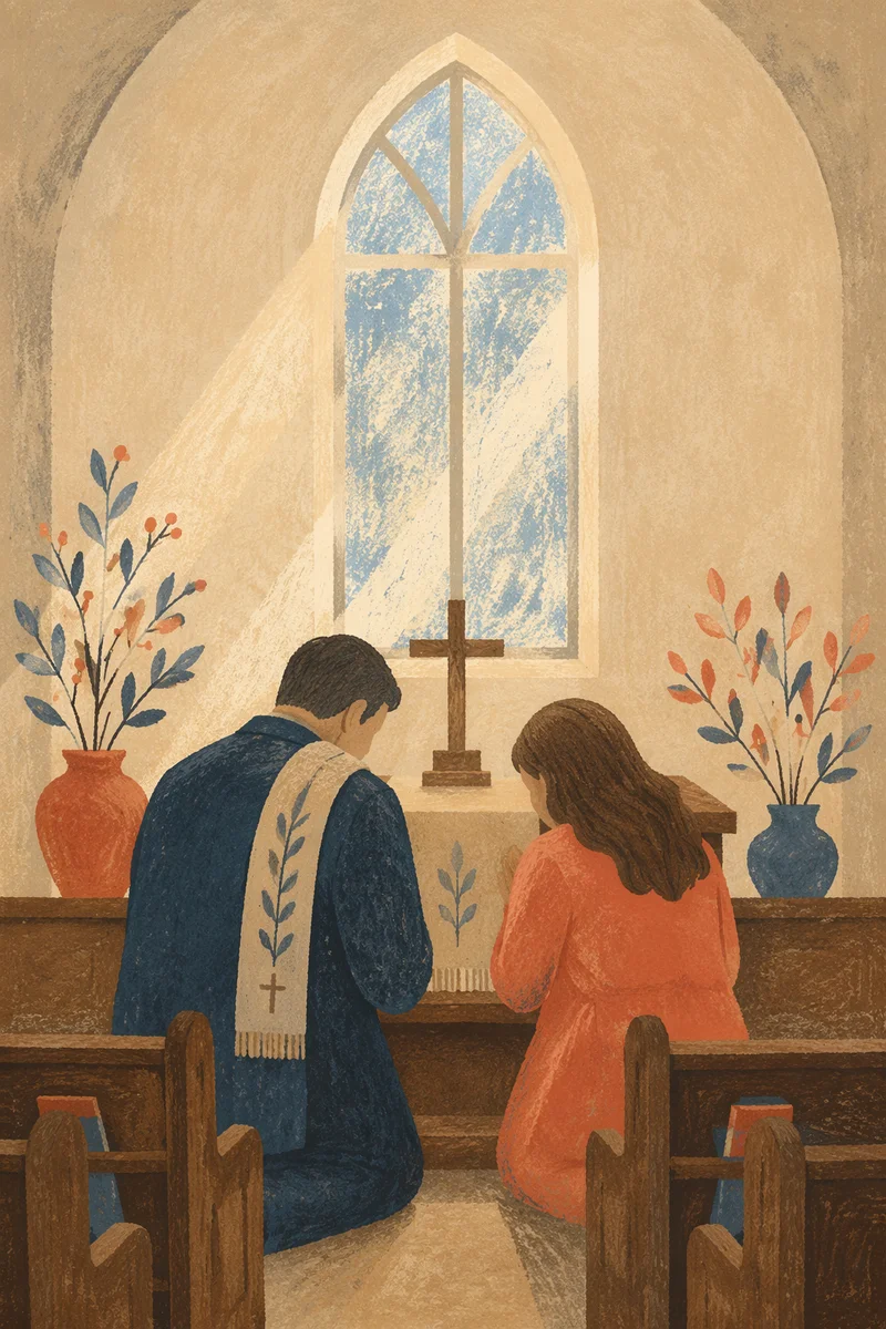 Pastor and Church Member Praying at Altar
