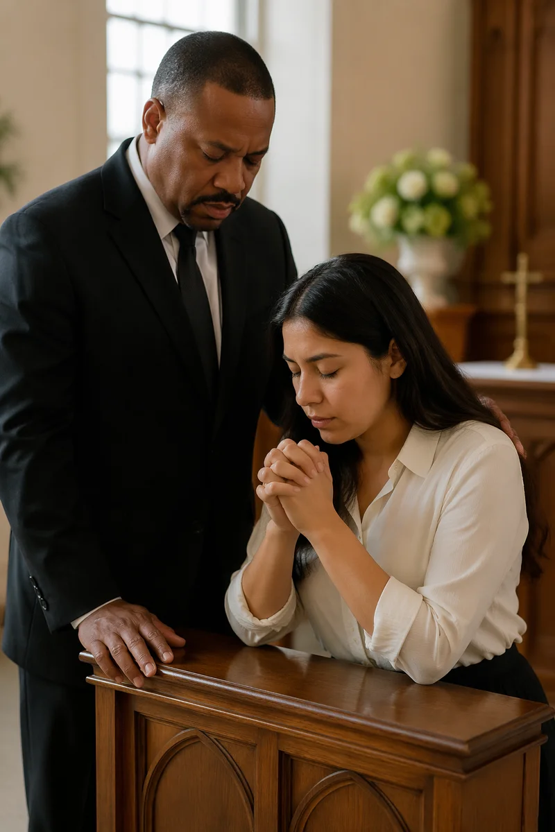 Pastor Praying With Church Member at Altar