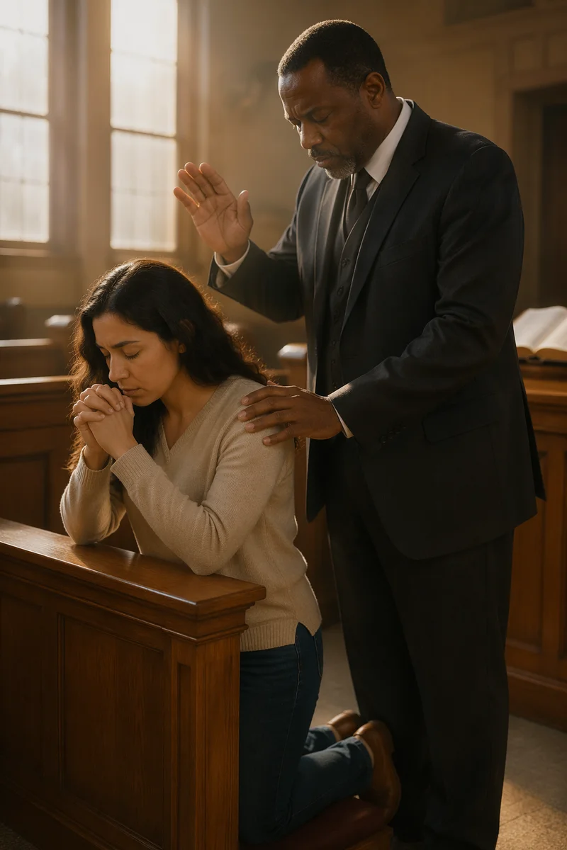 Pastor Praying with Church Member at Altar