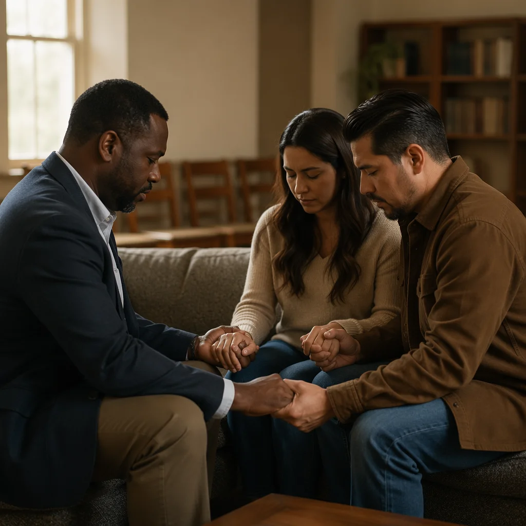 Pastor Praying With Young Couple Indoors