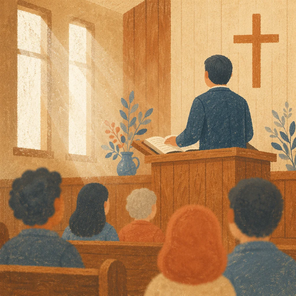 Pastor Preaching at Wooden Chapel Pulpit