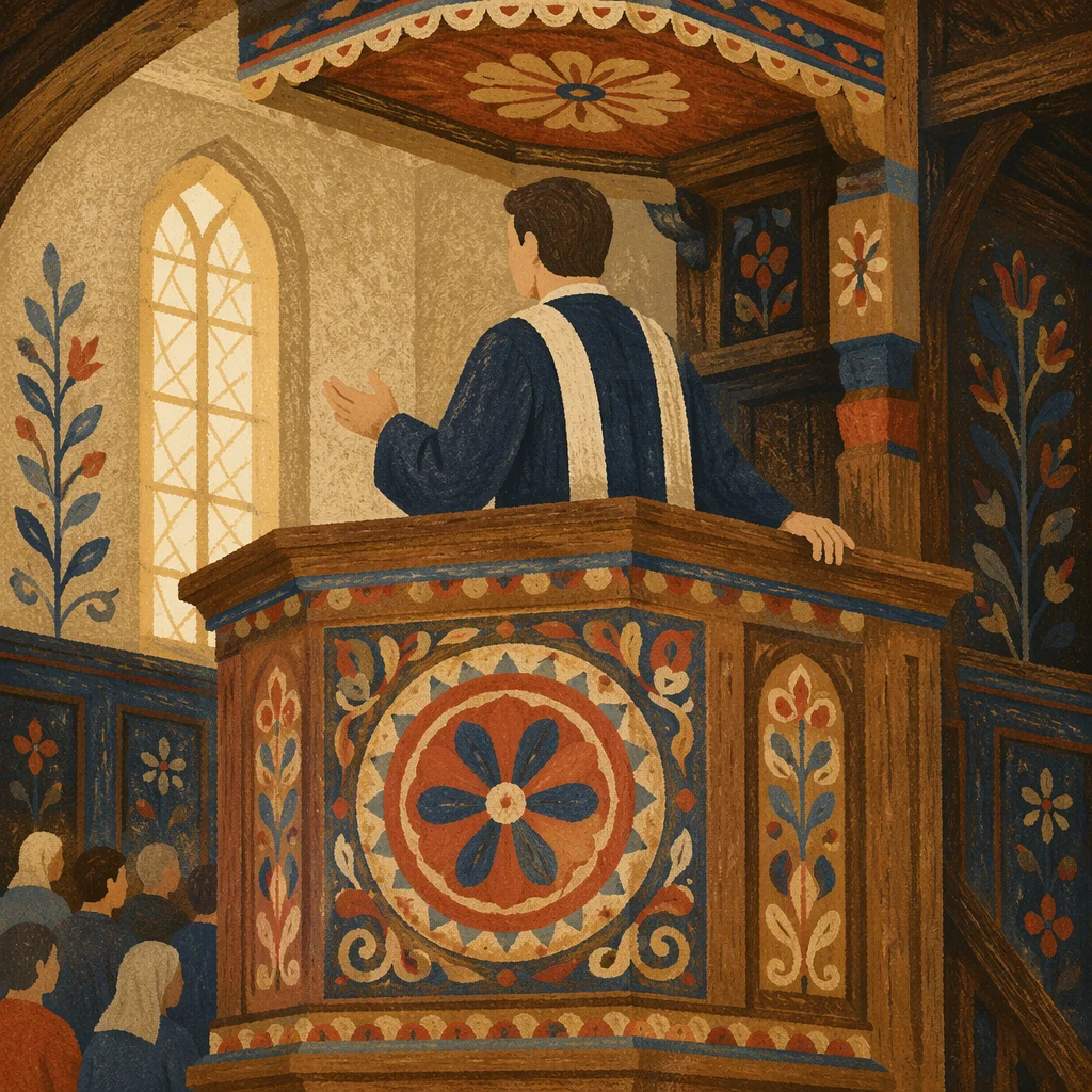 Pastor Preaching at Folk Carved Pulpit