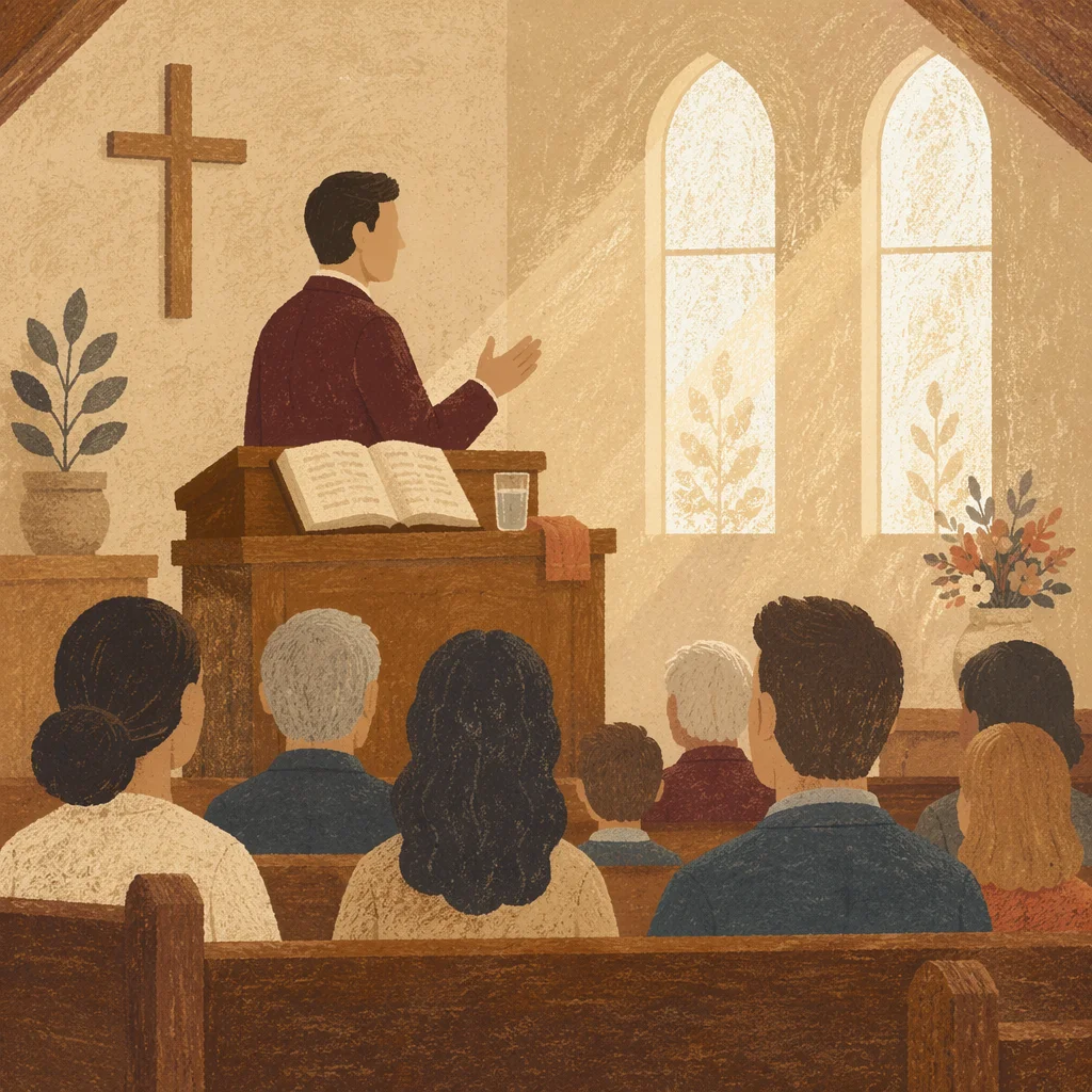 Pastor Preaching in Warm Church Sanctuary