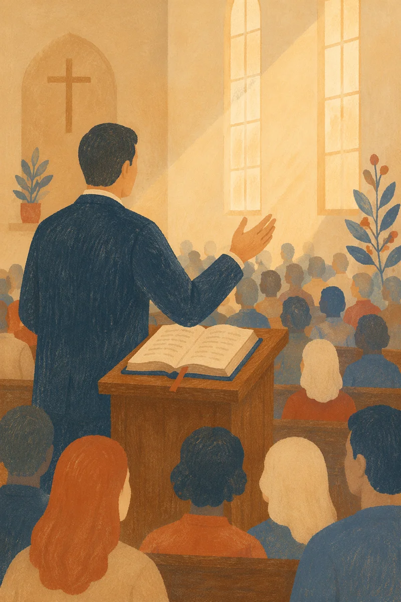 Pastor Preaching at Wooden Pulpit