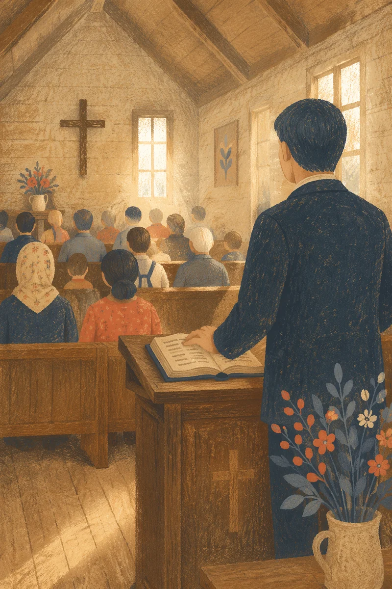 Pastor Preaching in Warm Wooden Chapel