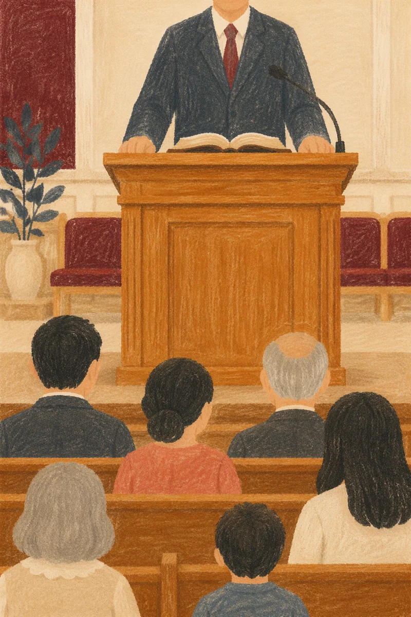 Pastor Preaching at Warm Wooden Pulpit