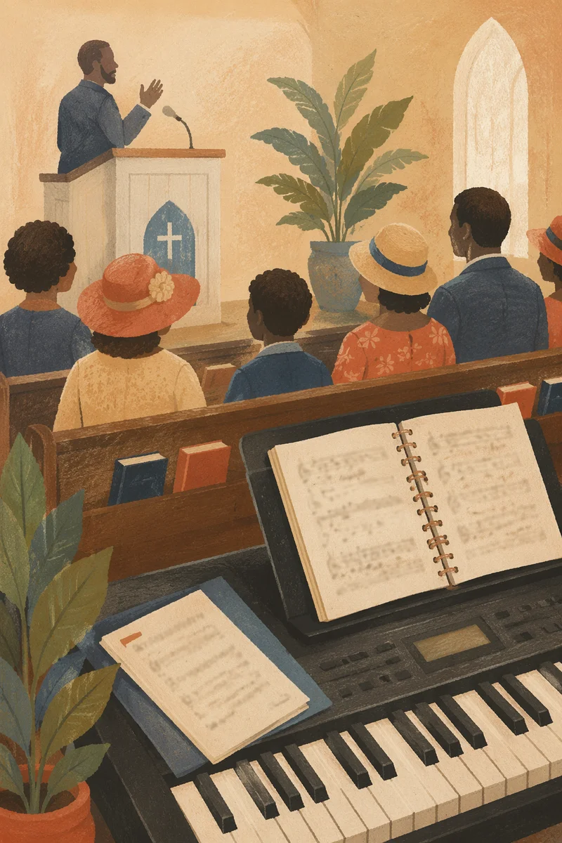 Pastor Preaching Beside Hymnal and Keyboard