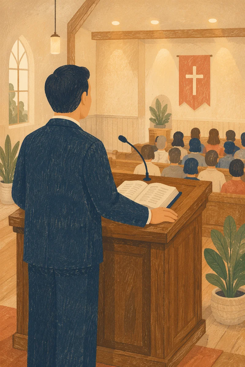 Pastor Preaching at Warm Wooden Pulpit