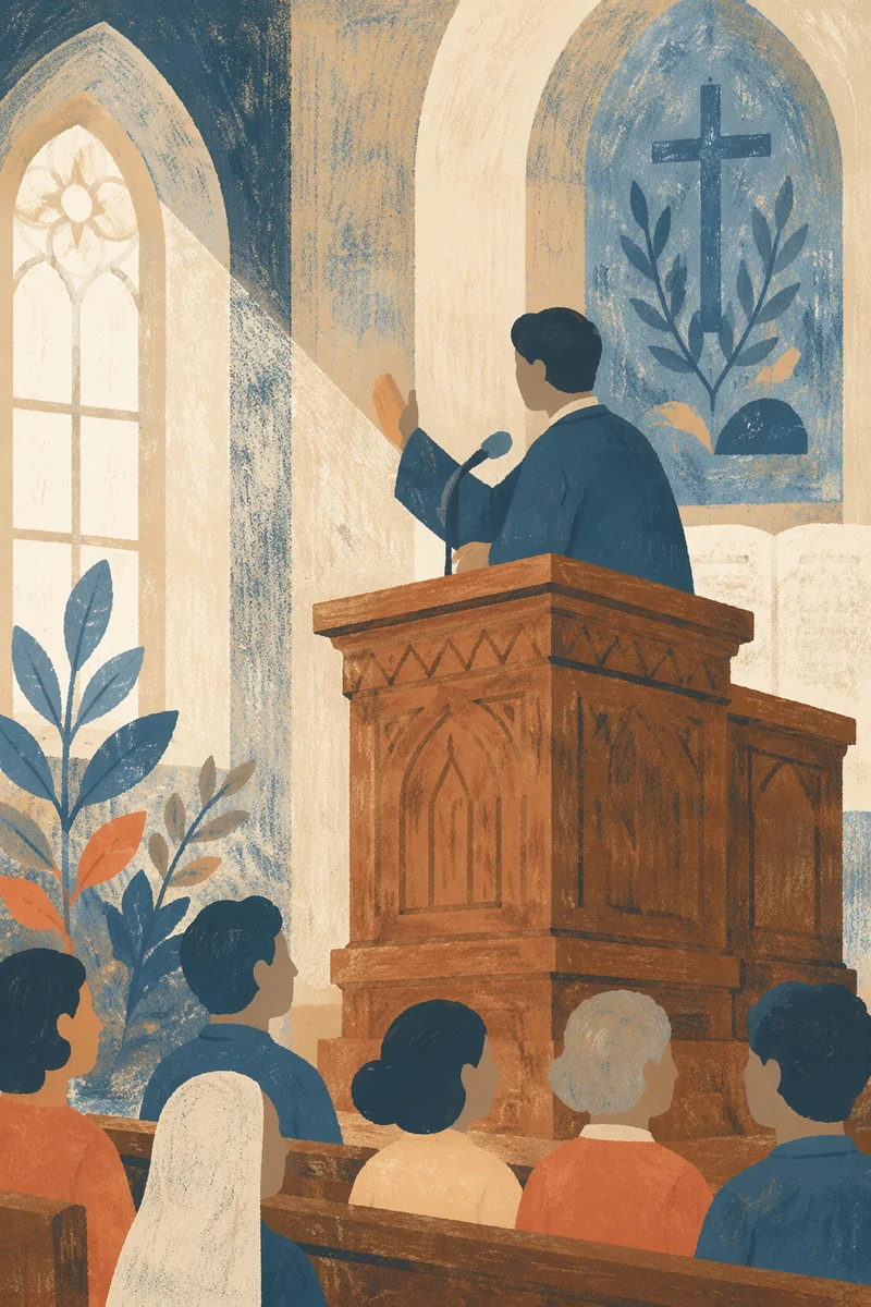 Pastor Preaching at Wooden Church Pulpit