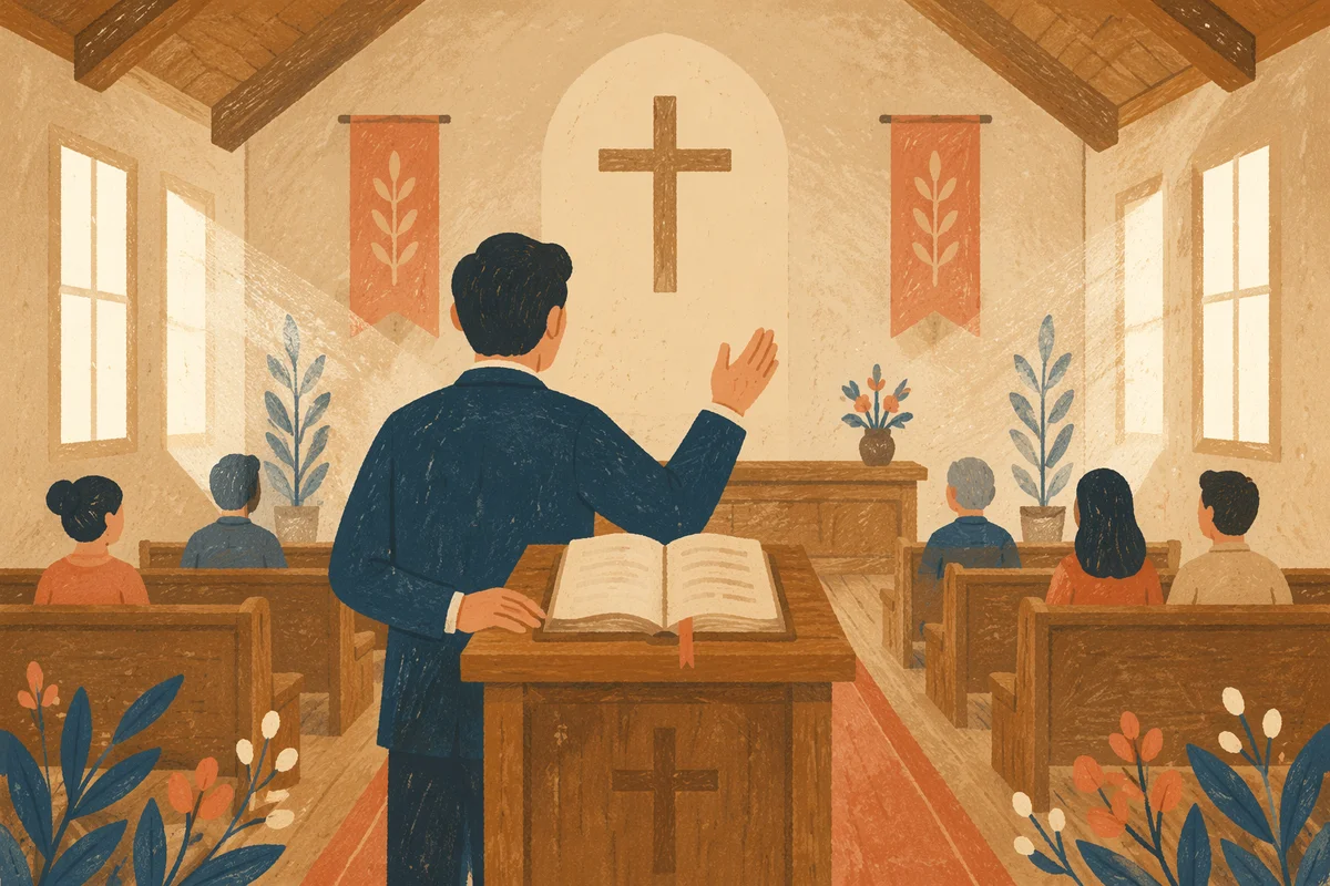 Pastor Preaching at Wooden Chapel Pulpit