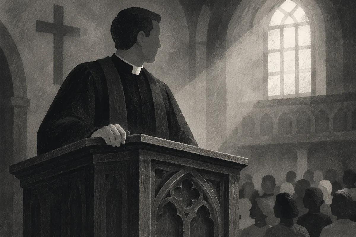 Pastor Preaching at Wooden Pulpit