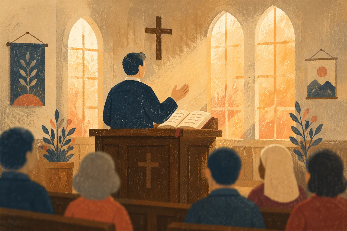 Pastor Preaching at Wooden Church Pulpit
