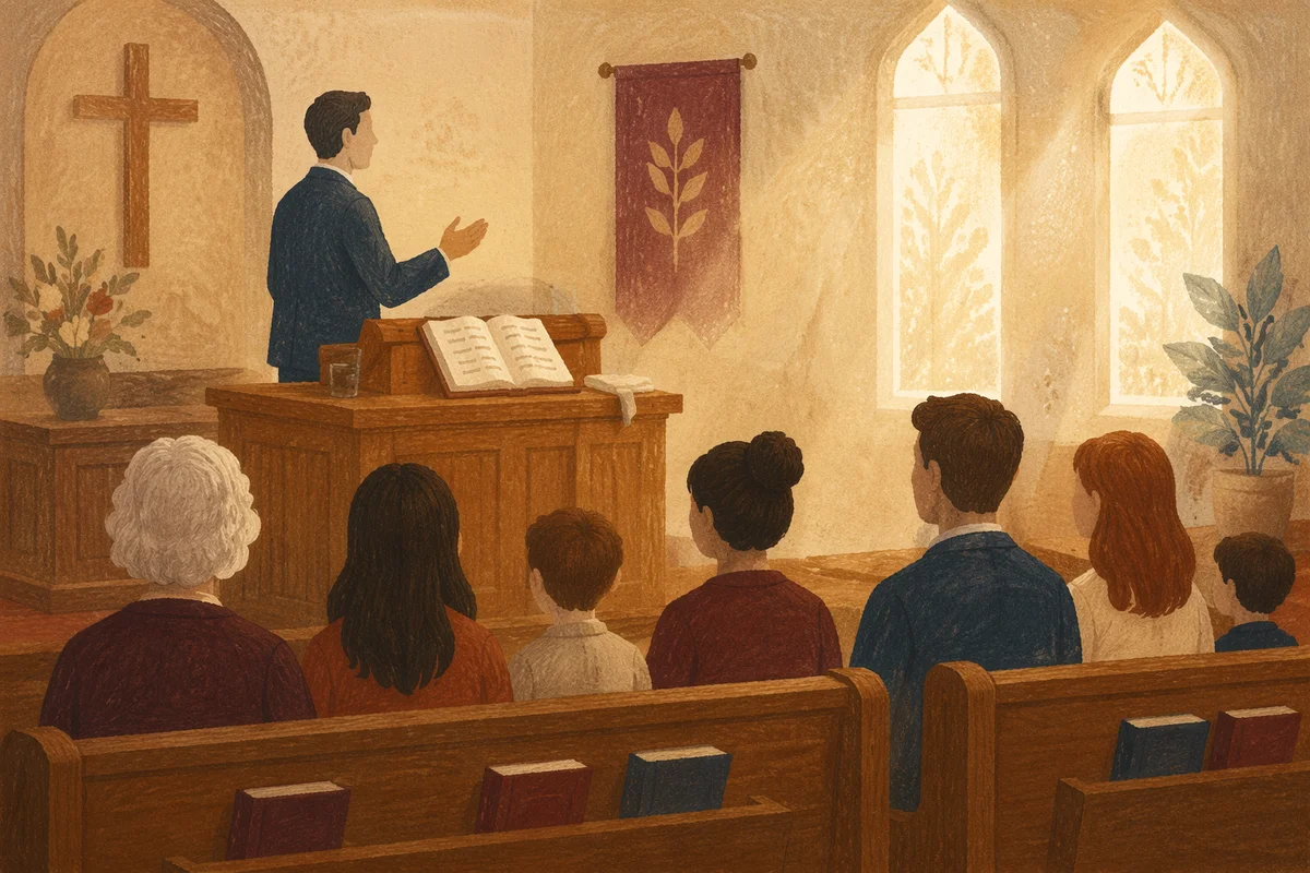 Pastor Preaching in Warm Church Sanctuary
