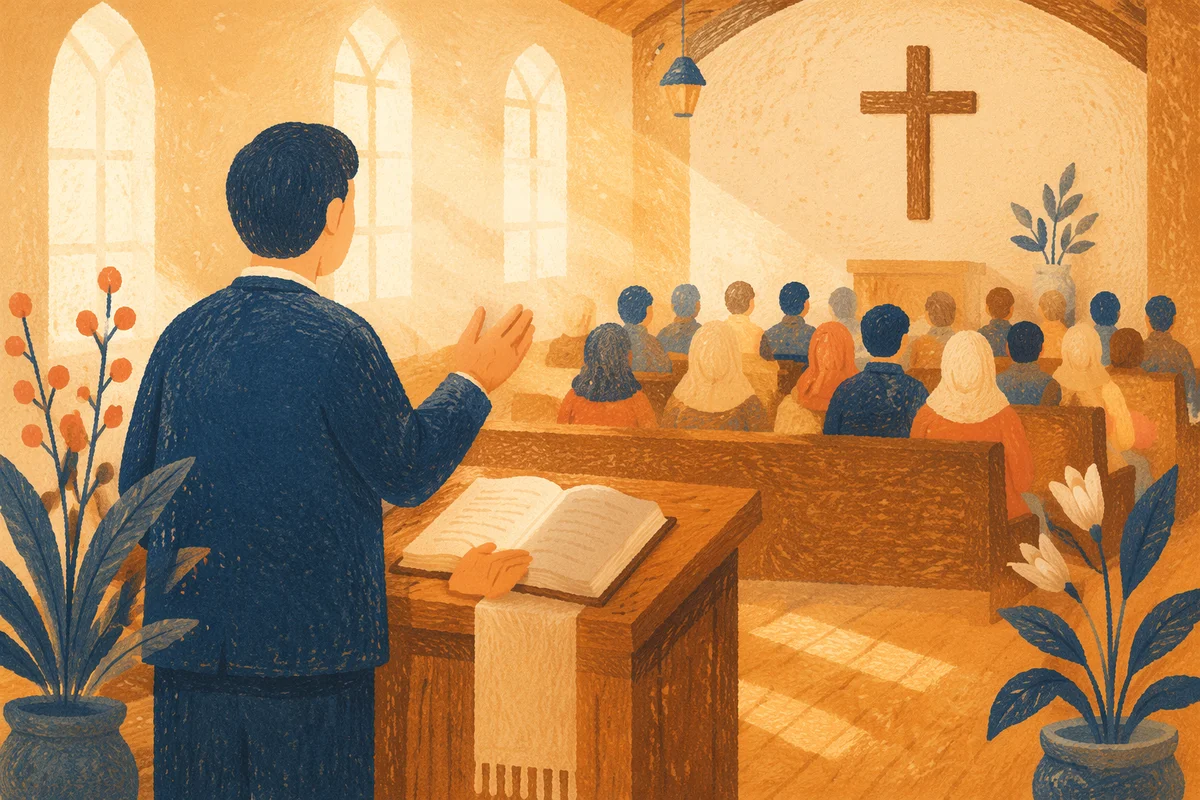 Pastor Preaching at Wooden Chapel Pulpit