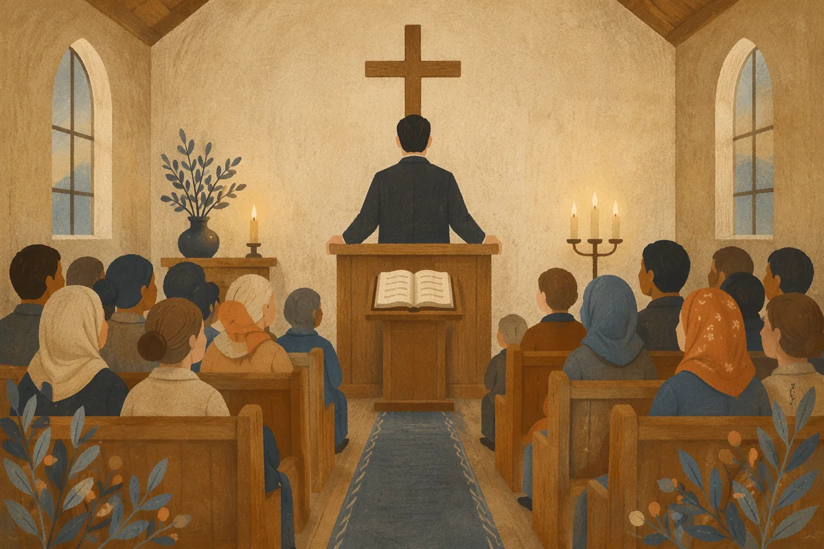 Pastor Preaching in a Rainy Wooden Chapel