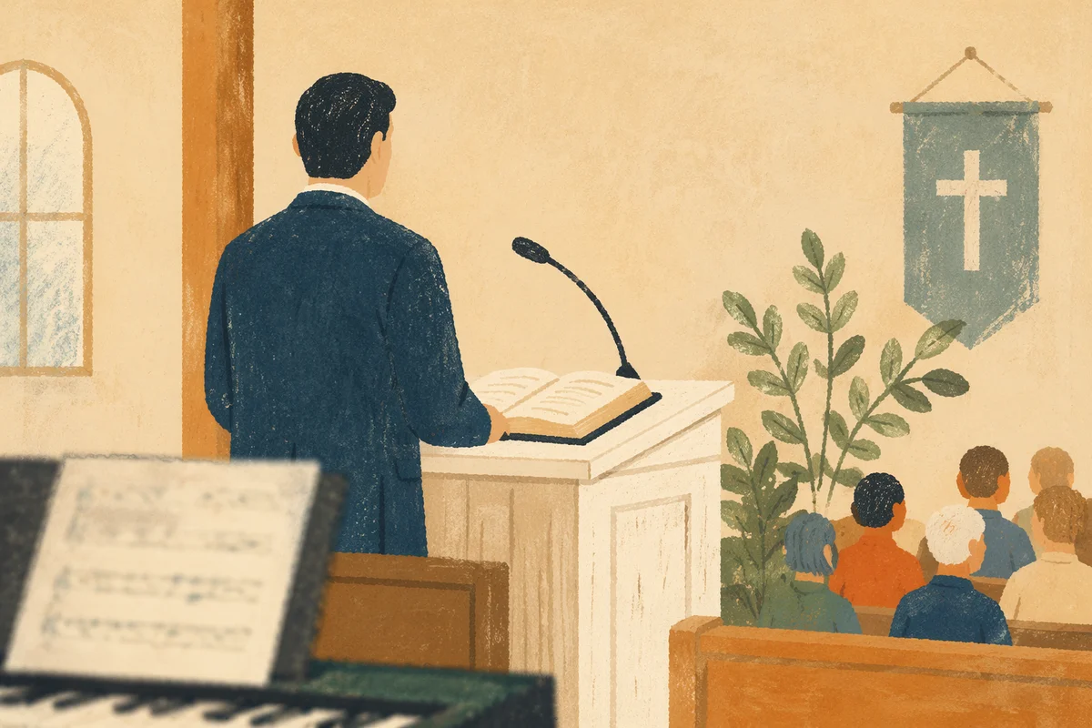 Pastor Preaching at Simple White Pulpit