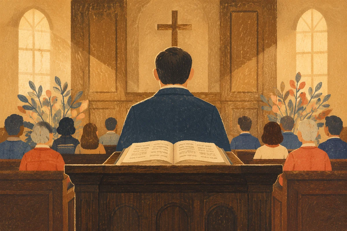 Pastor Preaching at Wooden Church Pulpit