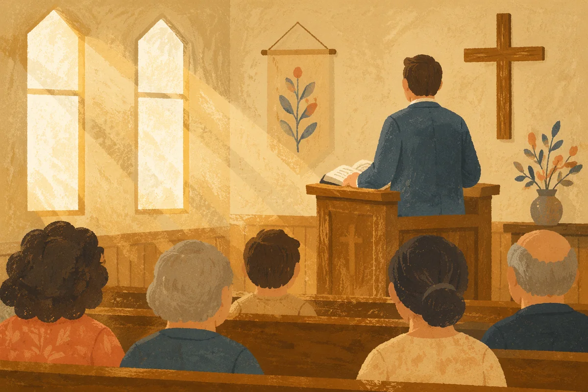 Pastor Preaching at a Wooden Chapel Pulpit
