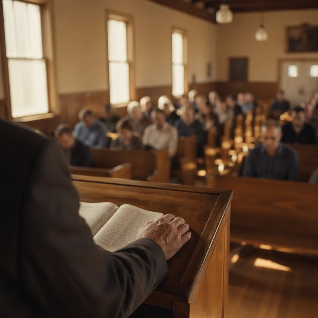 Pastor Preaching in a Modest Chapel