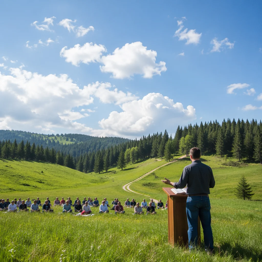 Pastor Preaching Outdoors in Green Meadow