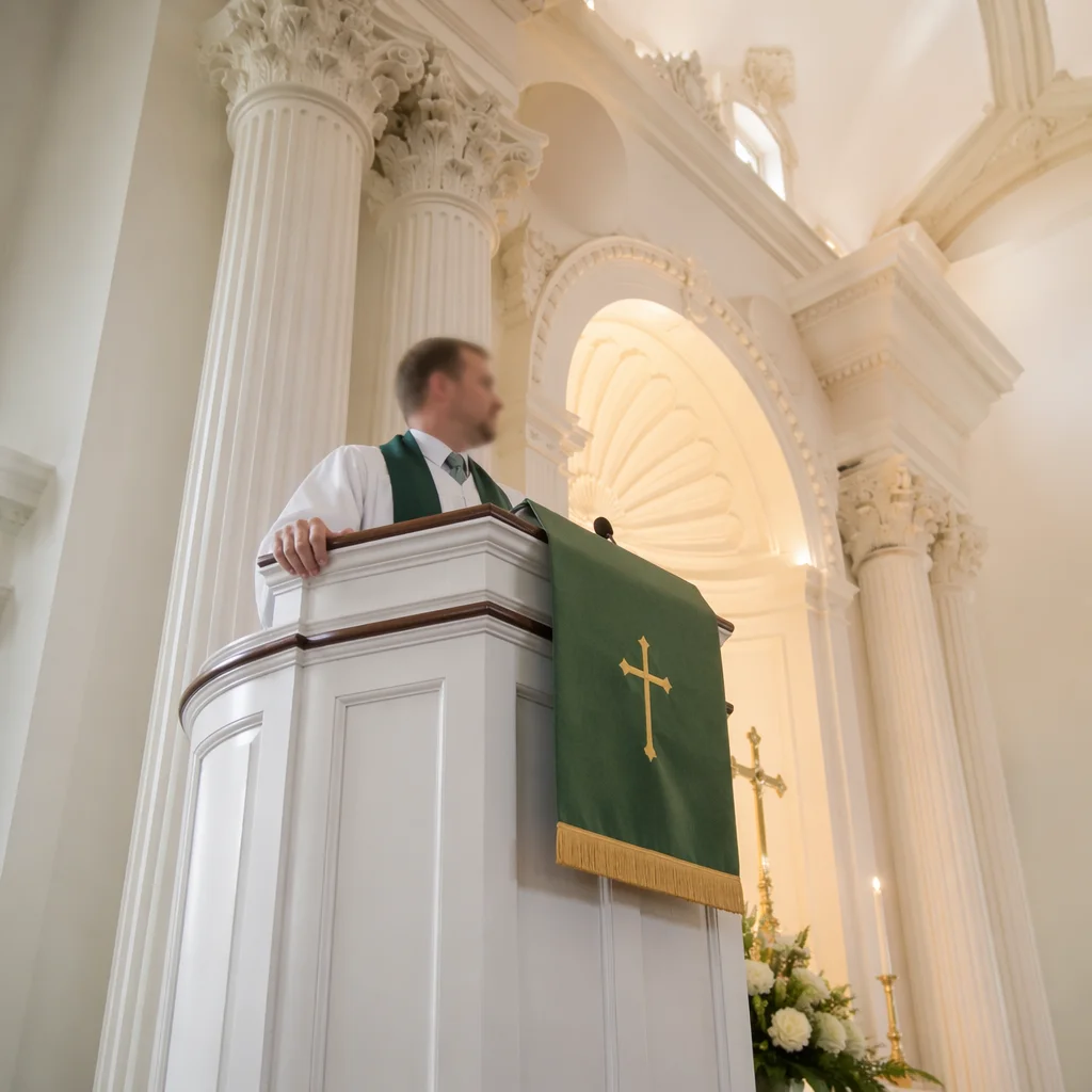Pastor Preaching from White Church Pulpit