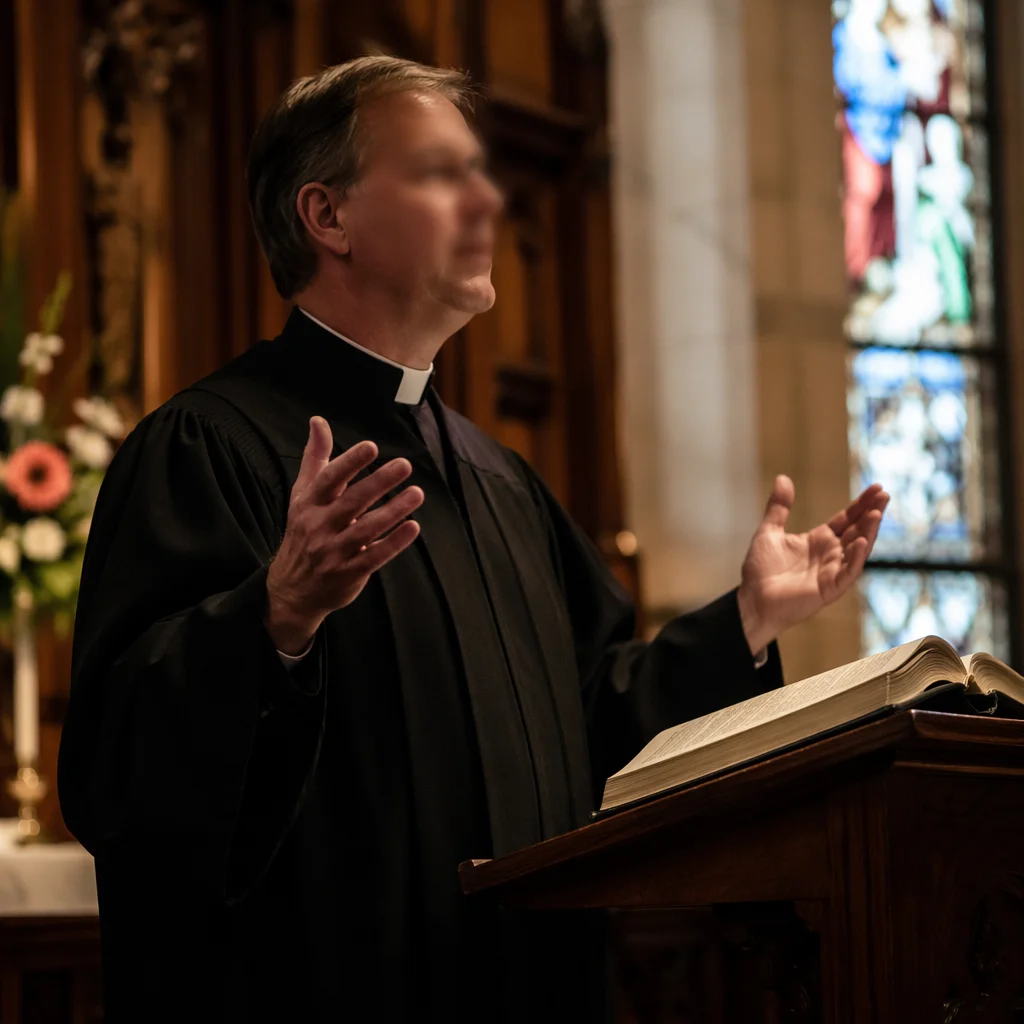 Pastor Preaching in Traditional Church Pulpit