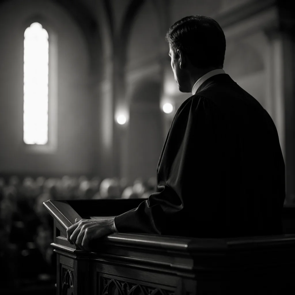 Pastor Preaching at Wooden Pulpit