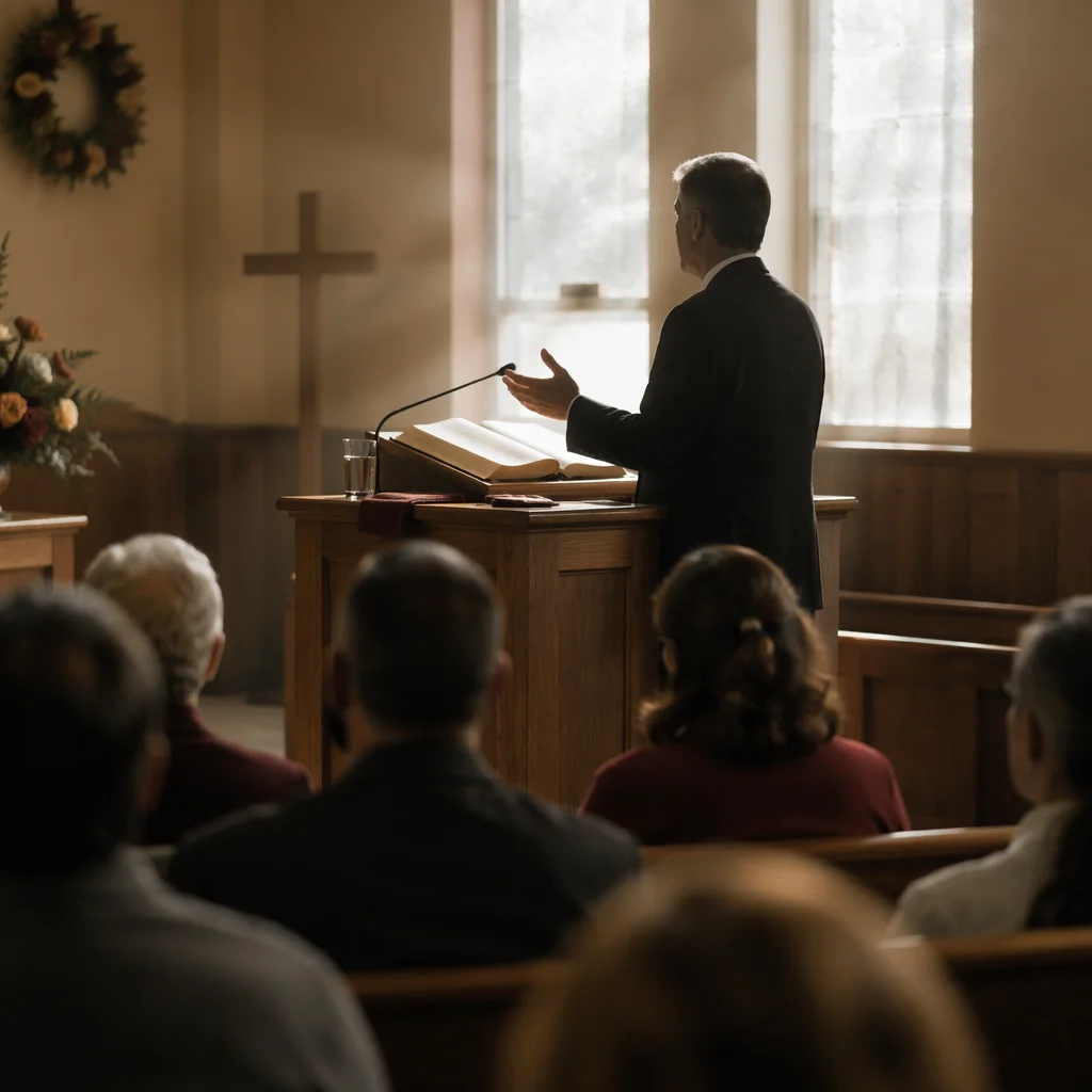 Pastor Preaching in Warm Church Sanctuary