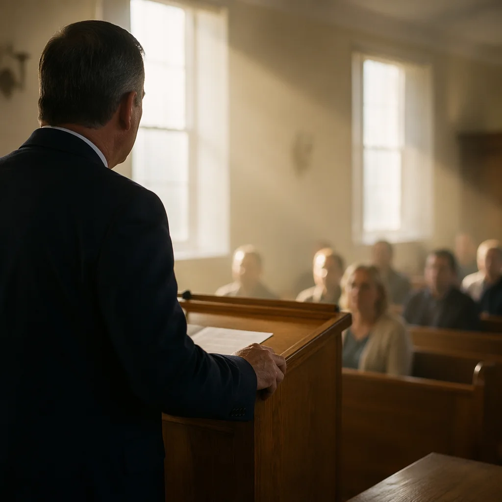 Pastor Preaching at Wooden Pulpit
