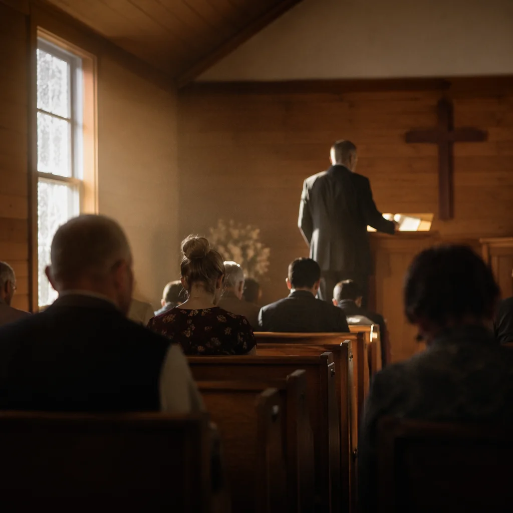 Pastor Preaching in Warm Wooden Chapel