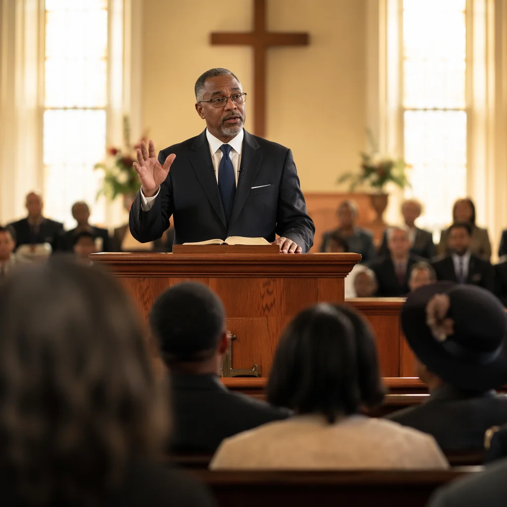 Black Pastor Preaching in Sunday Worship