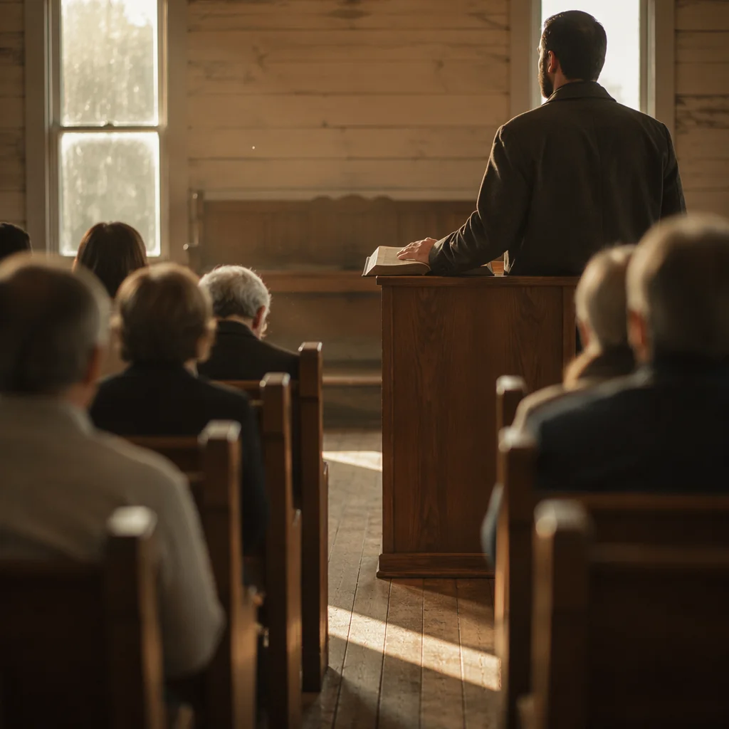 Pastor Preaching in Warm Wooden Chapel