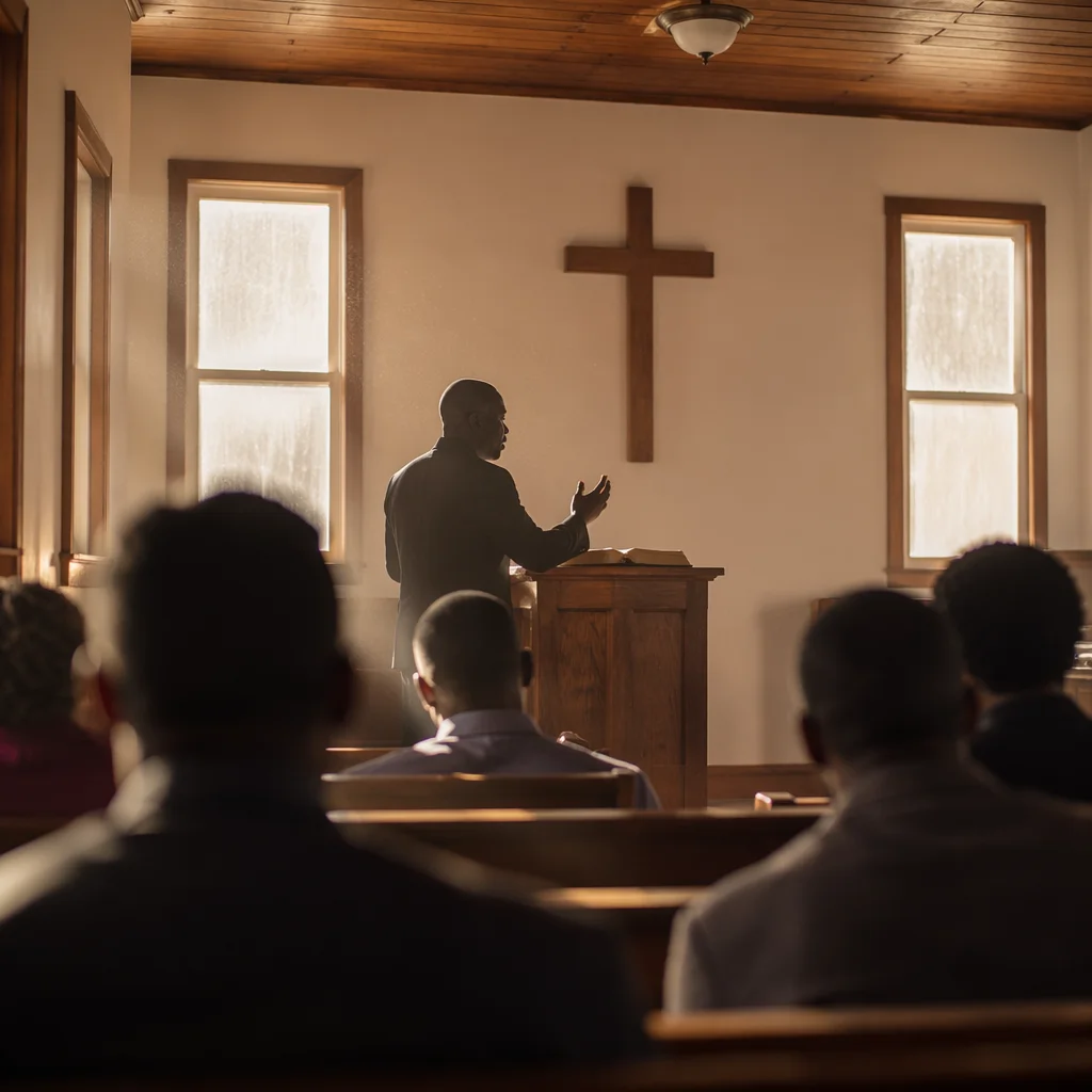 Pastor Preaching in a Modest Chapel