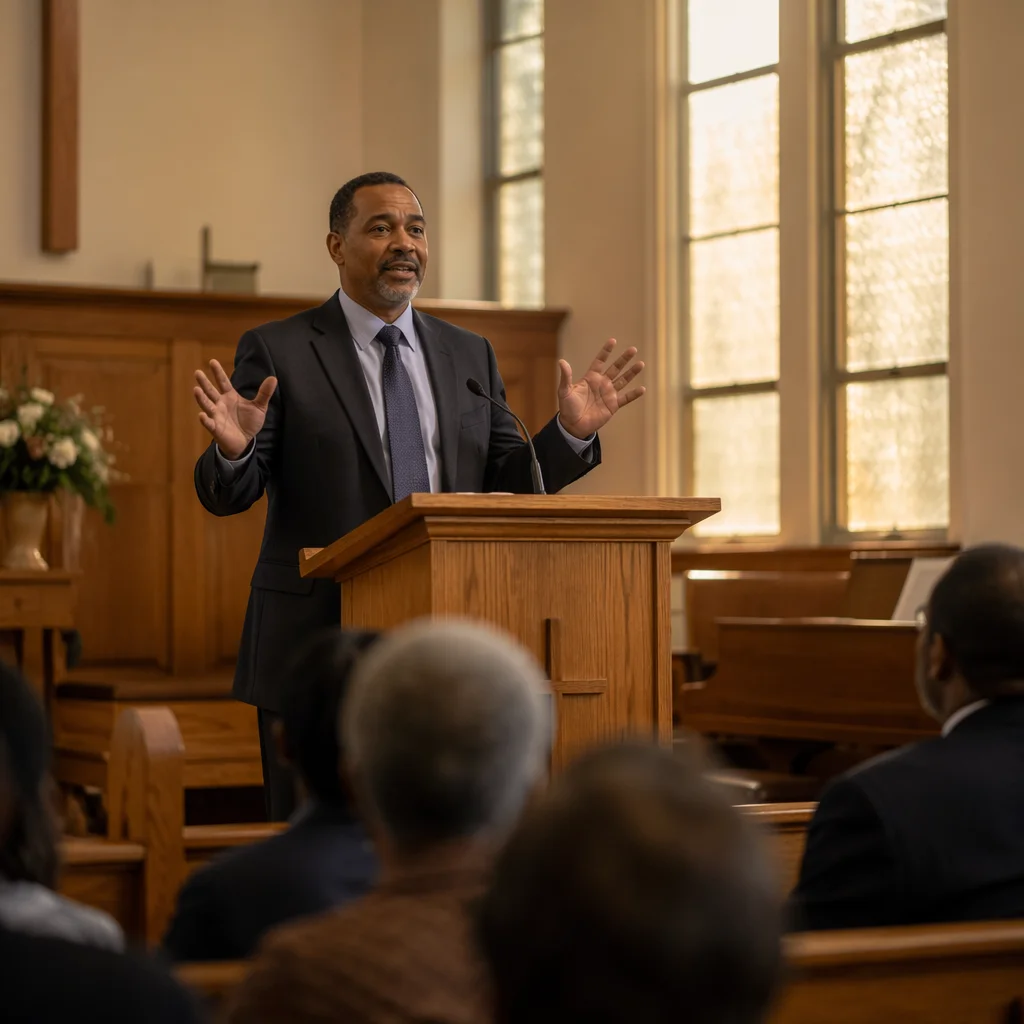 Pastor Preaching in Warm Church Interior