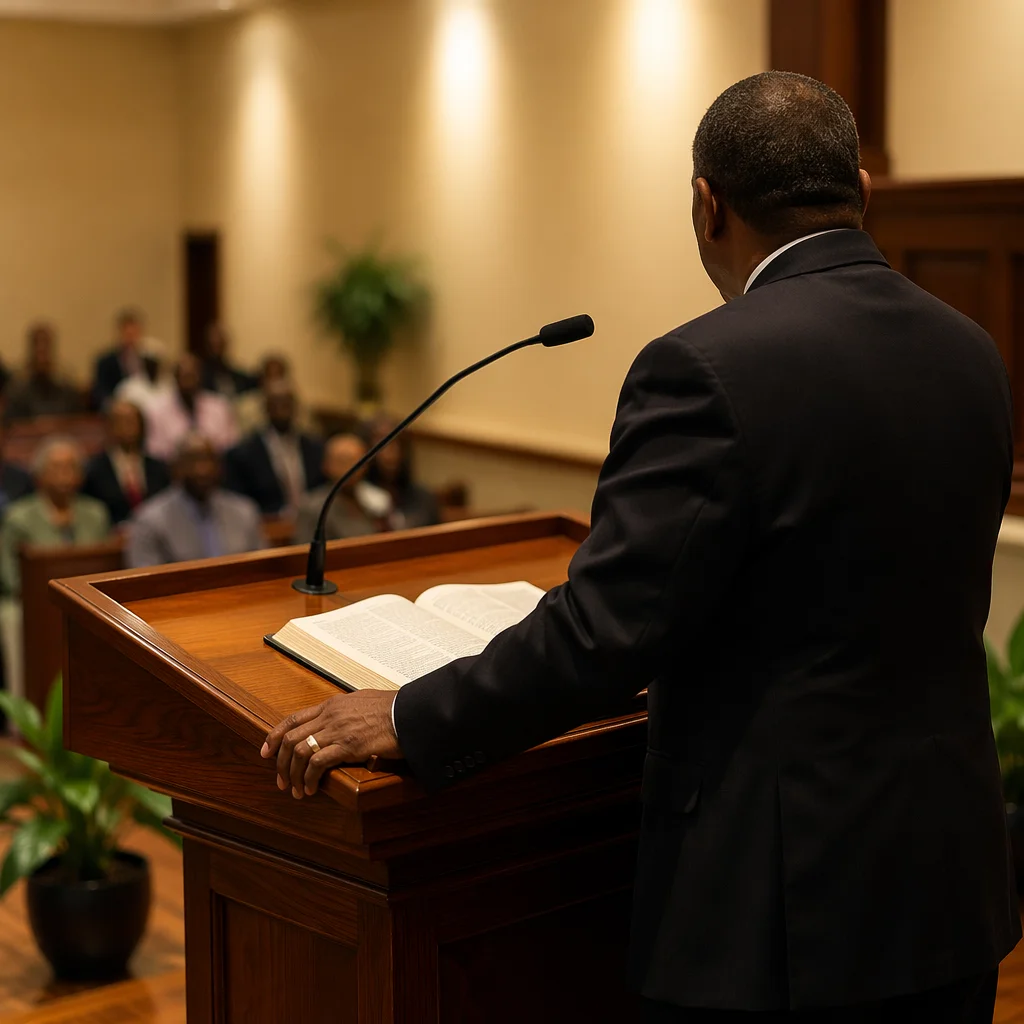 Pastor Preaching at Warm Wooden Pulpit