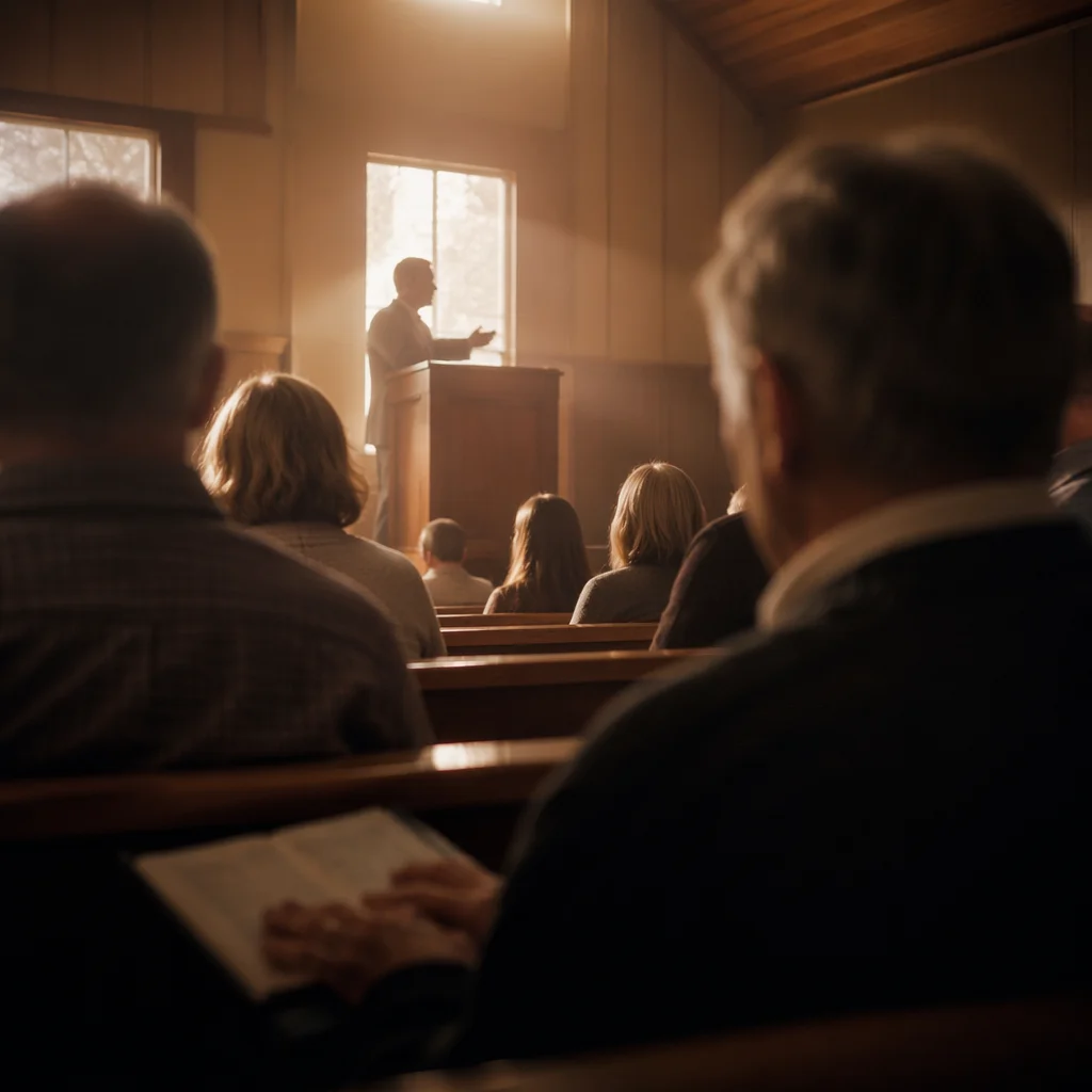 Pastor Preaching in Warm Wooden Chapel