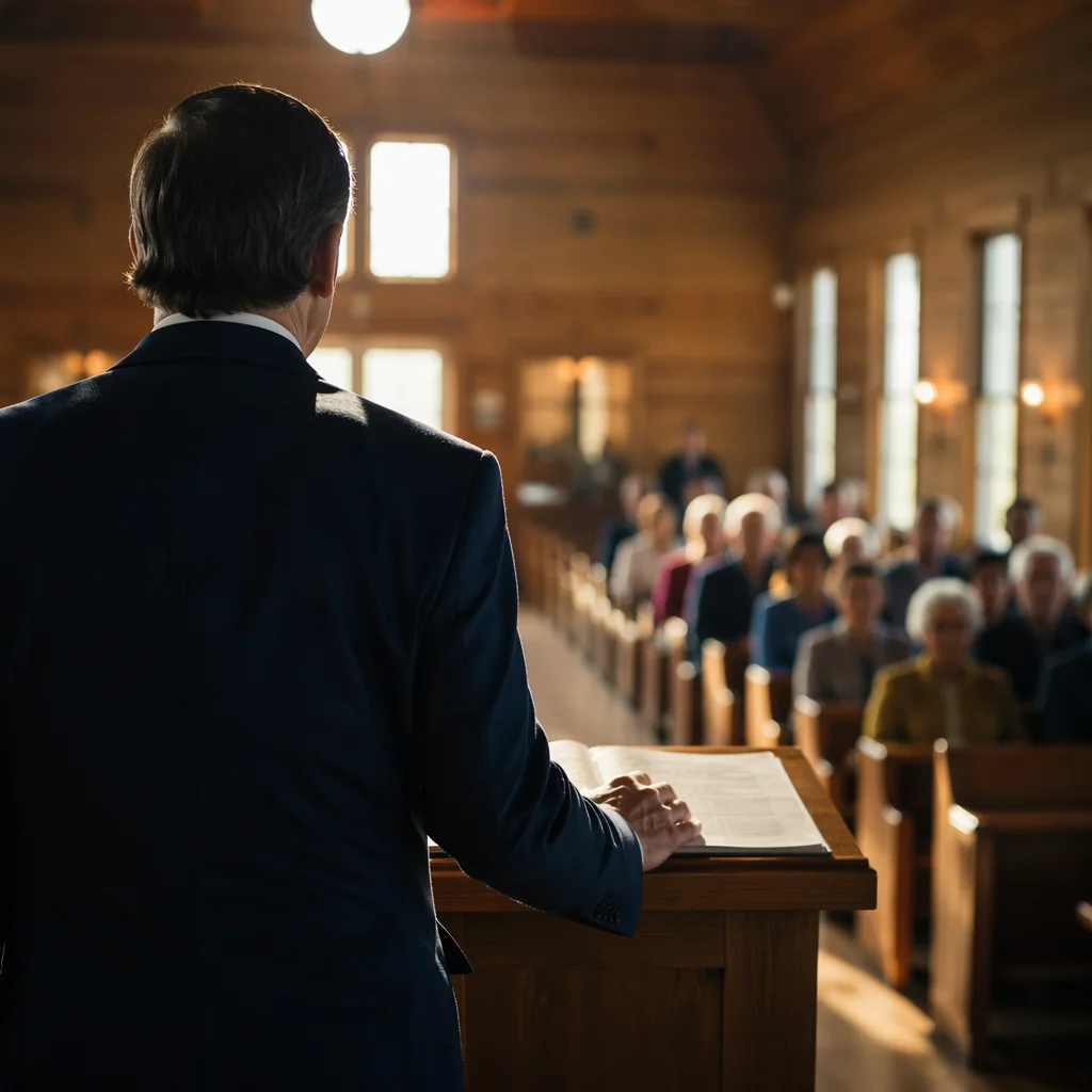 Pastor Preaching in Warm Wooden Chapel