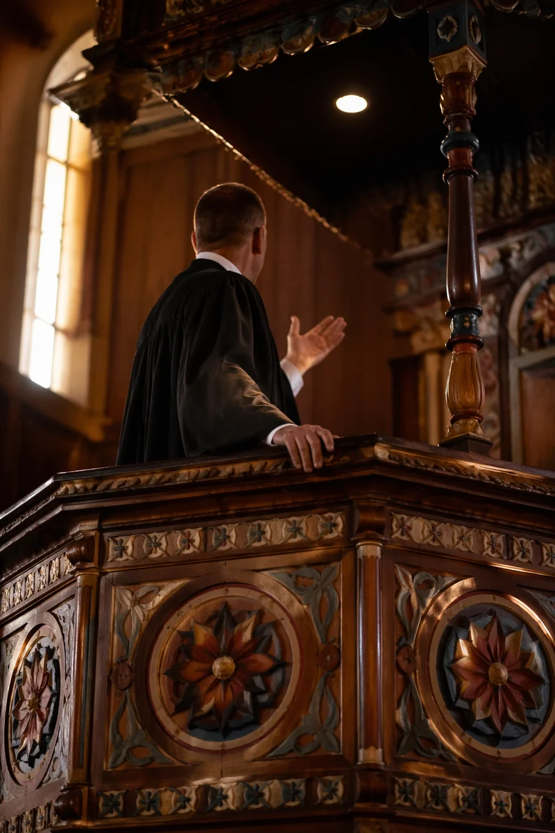 Pastor Preaching at Ornate Wooden Pulpit