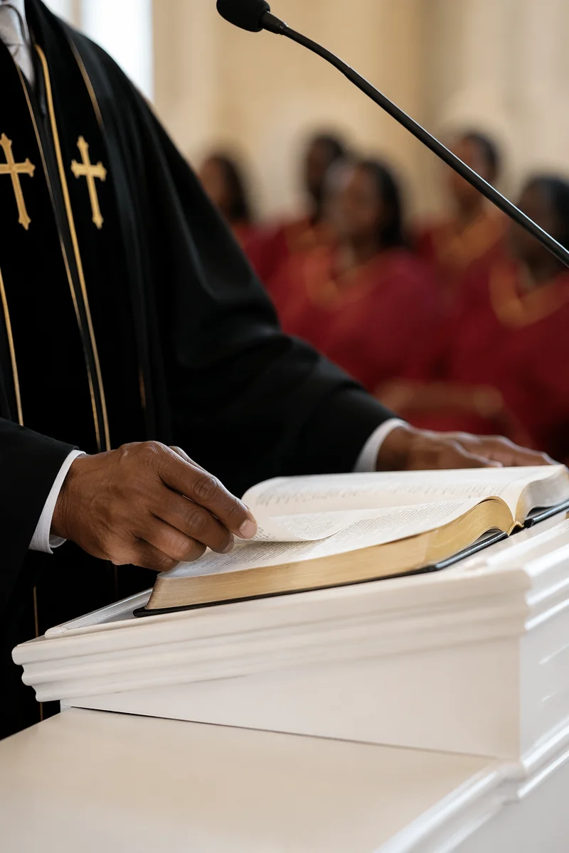 Pastor Preaching at White Church Pulpit