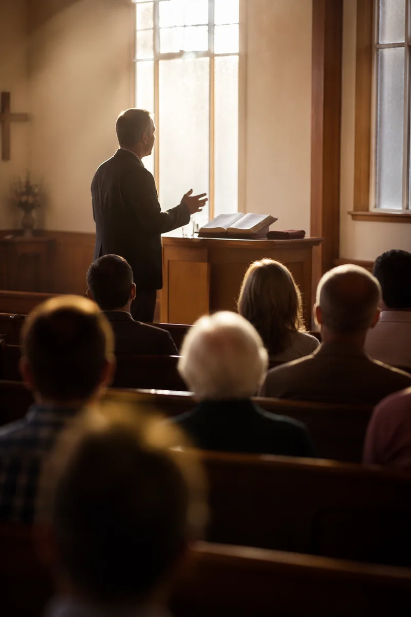 Pastor Preaching in Warm Church Sanctuary