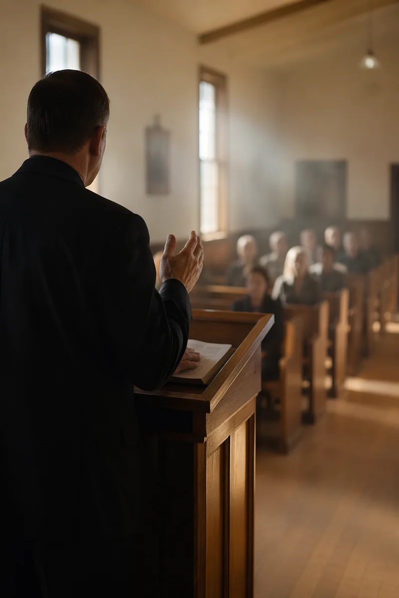 Pastor Preaching in a Modest Chapel