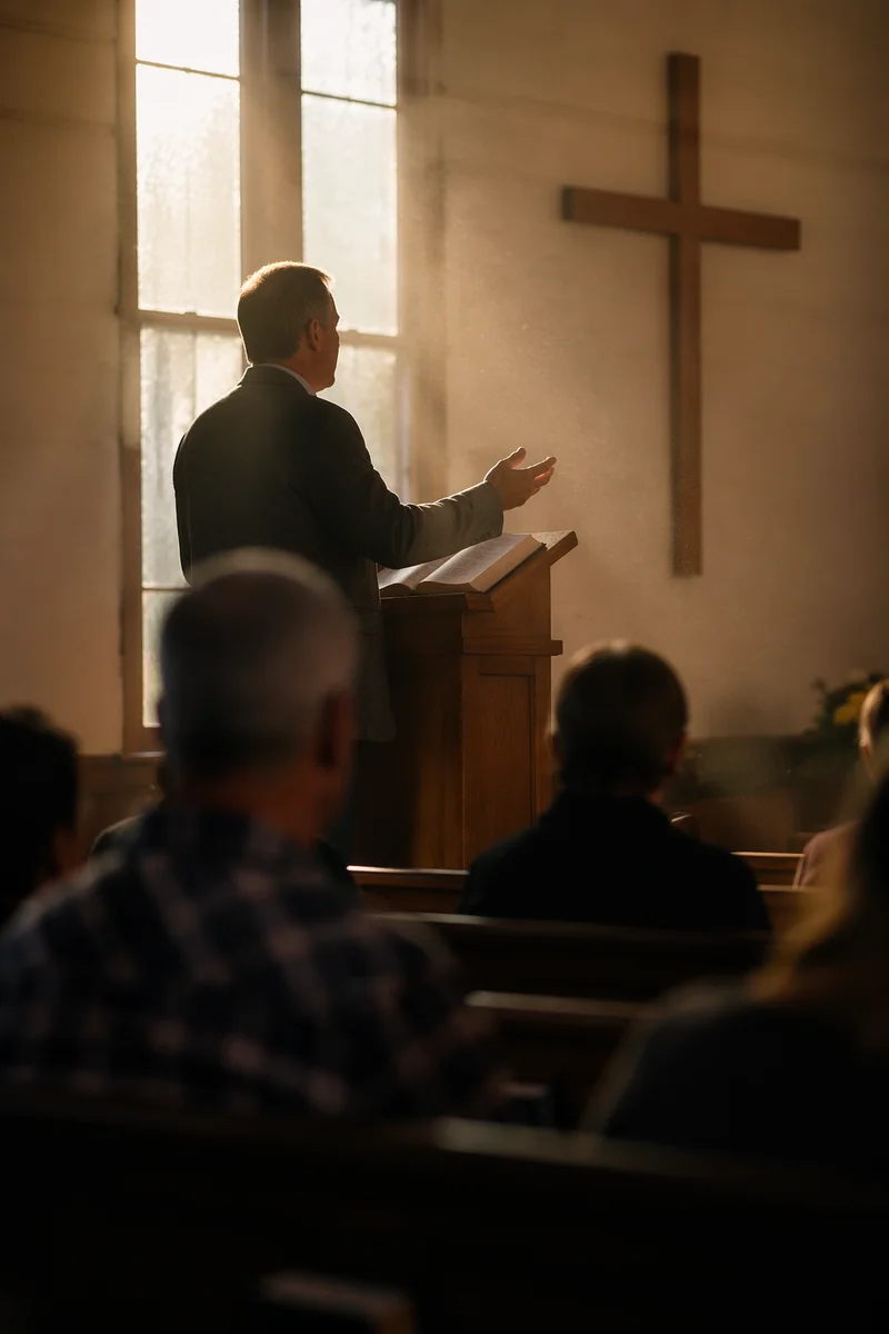 Pastor Preaching in Warm Chapel Light