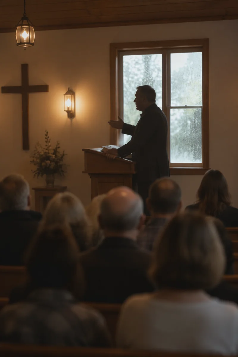 Pastor Preaching in Rainy Chapel Morning