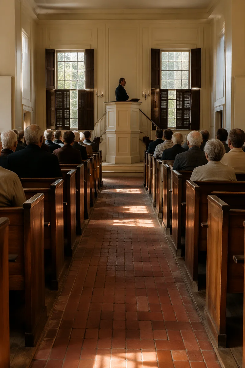 Pastor Preaching in Historic Wooden Chapel