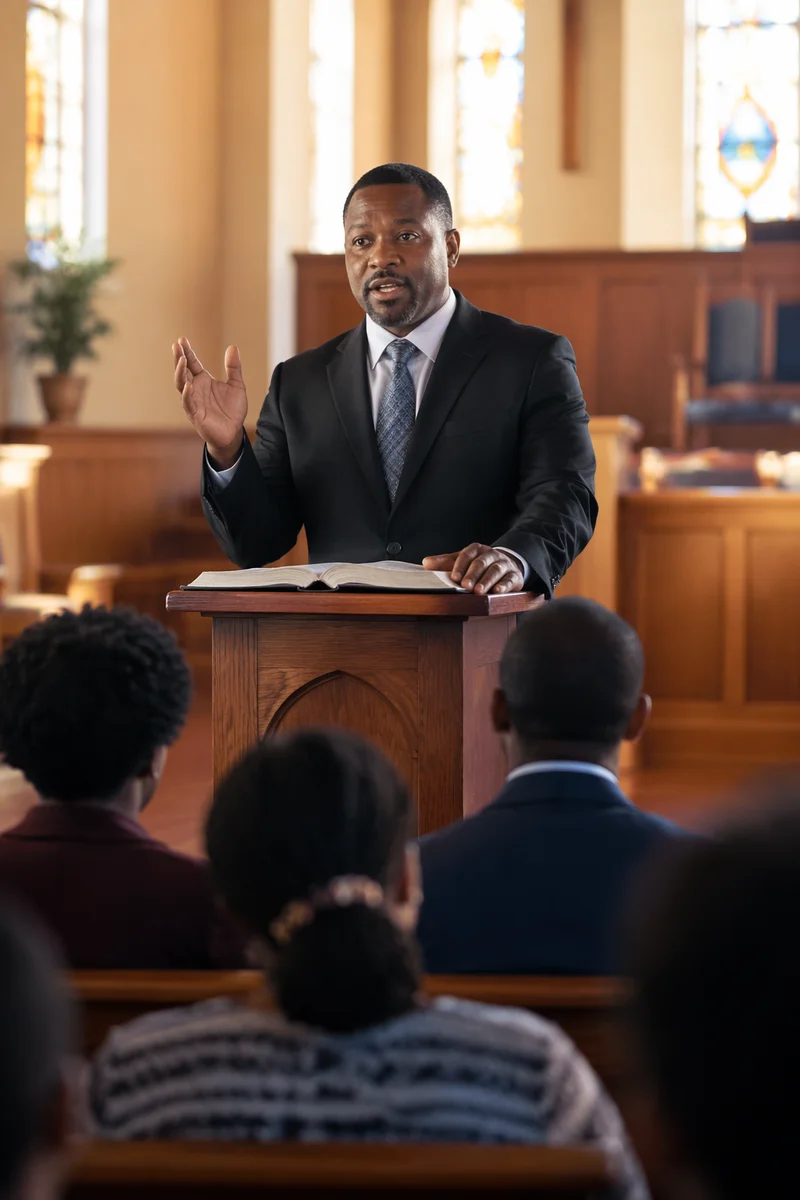 Black Pastor Preaching in Bright Sanctuary