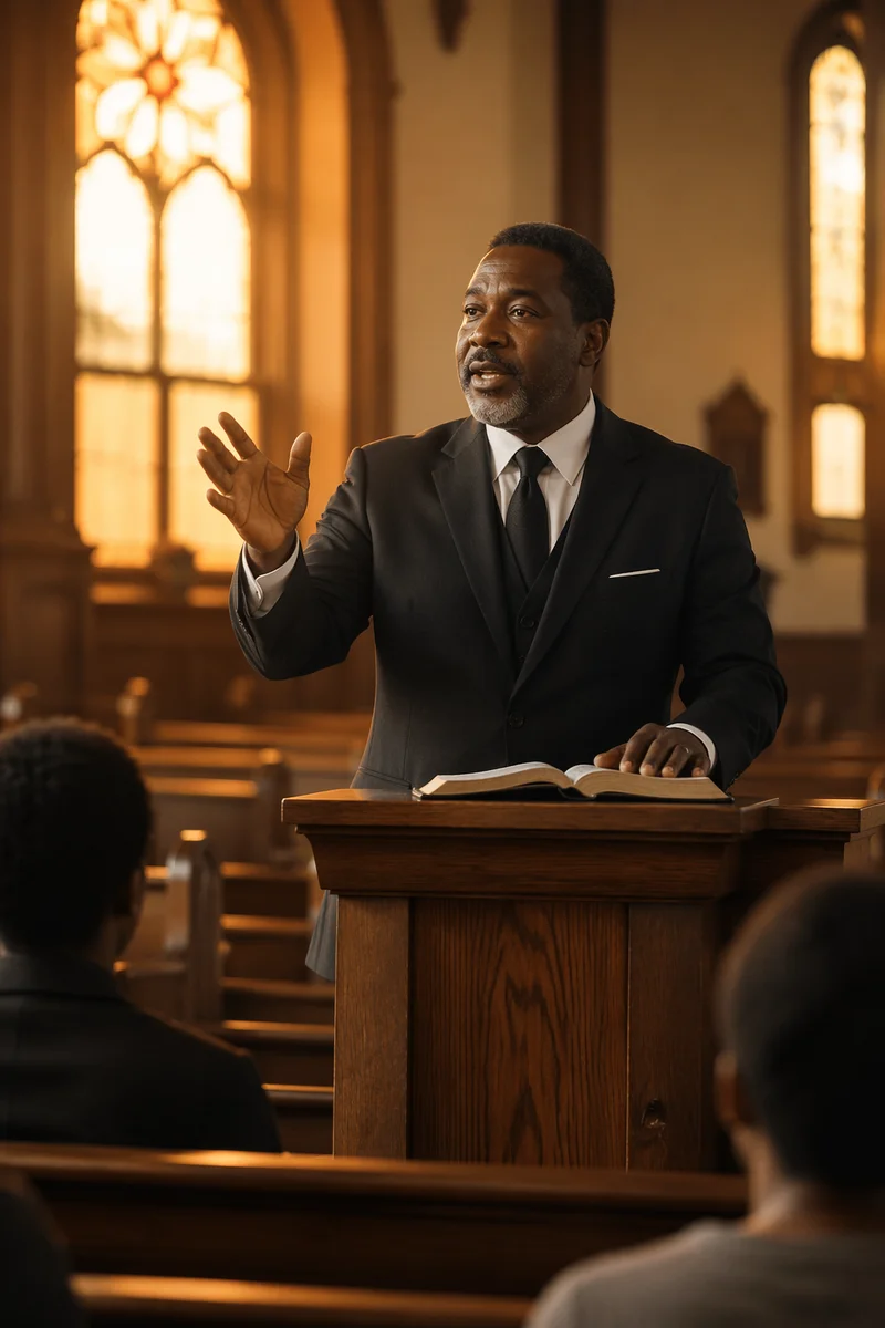 Black Pastor Preaching at Wooden Pulpit