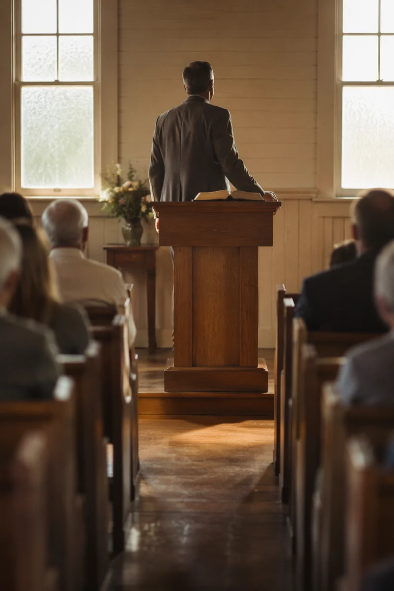 Pastor Preaching in Warm Wooden Chapel