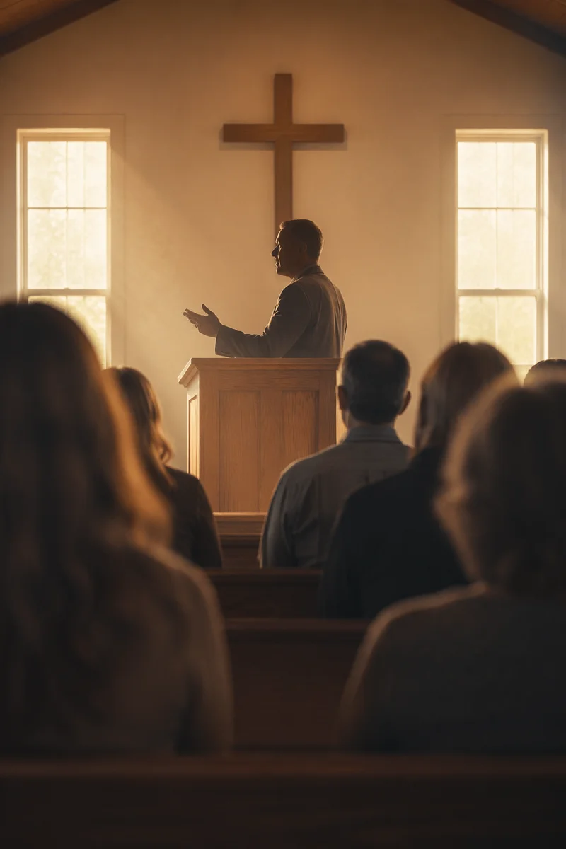 Pastor Preaching in a Modest Chapel